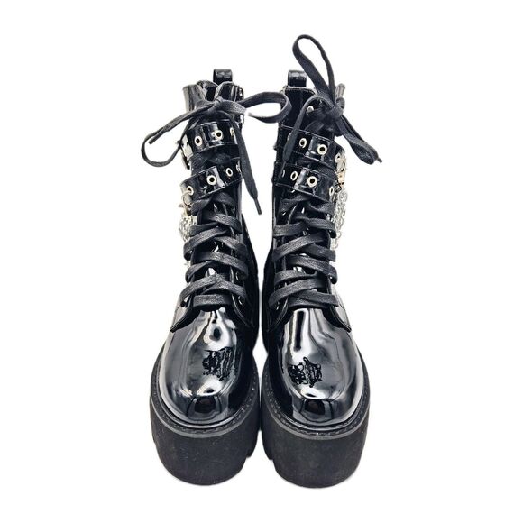 Gothic Punk Biker Patent Faux Leather Platform Wedge Boots Chain Buckle 36/6.5 - Picture 3 of 11